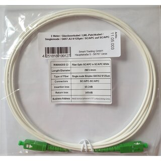 2 Meter / Glasfaserkabel / LWL-Patchkabel / Singlemode / G657.A2 9/125&mu;m / SC/APC auf SC/APC