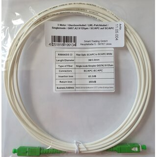 3 Meter / Glasfaserkabel / LWL-Patchkabel / Singlemode / G657.A2 9/125&mu;m / SC/APC auf SC/APC