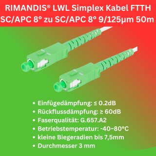 50 Meter / Glasfaserkabel / LWL-Patchkabel / Singlemode / G657.A2 9/125μm / SC/APC auf SC/APC