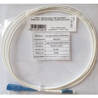 2 Meter / Glasfaserkabel / LWL-Patchkabel / Singlemode / G657.A2 9/125μm / SC/UPC auf LC/UPC