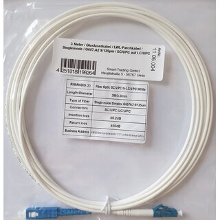 3 Meter / Glasfaserkabel / LWL-Patchkabel / Singlemode / G657.A2 9/125&mu;m / SC/UPC auf LC/UPC