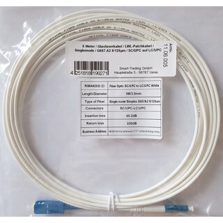 5 Meter / Glasfaserkabel / LWL-Patchkabel / Singlemode / G657.A2 9/125&mu;m / SC/UPC auf LC/UPC