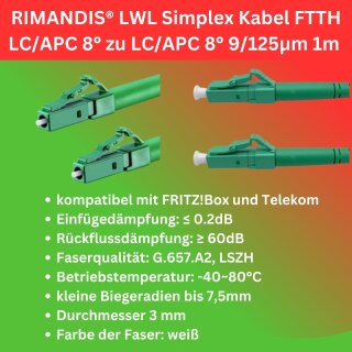 RIMANDIS® 1 Meter Glasfaserkabel LWL-Patchkabel Singlemode G657.A2 LC/APC-LC/APC Telekom FritzBox