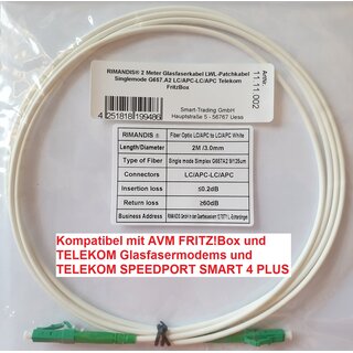 RIMANDIS 2 Meter Glasfaserkabel LWL-Patchkabel Singlemode G657.A2 LC/APC-LC/APC Telekom FritzBox