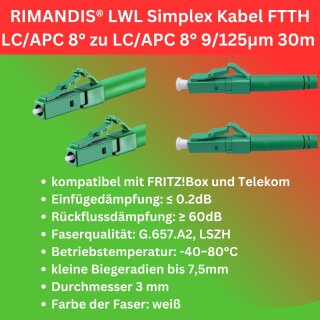 RIMANDIS® 30 Meter Glasfaserkabel LWL-Patchkabel Singlemode G657.A2 LC/APC-LC/APC Telekom FritzBox